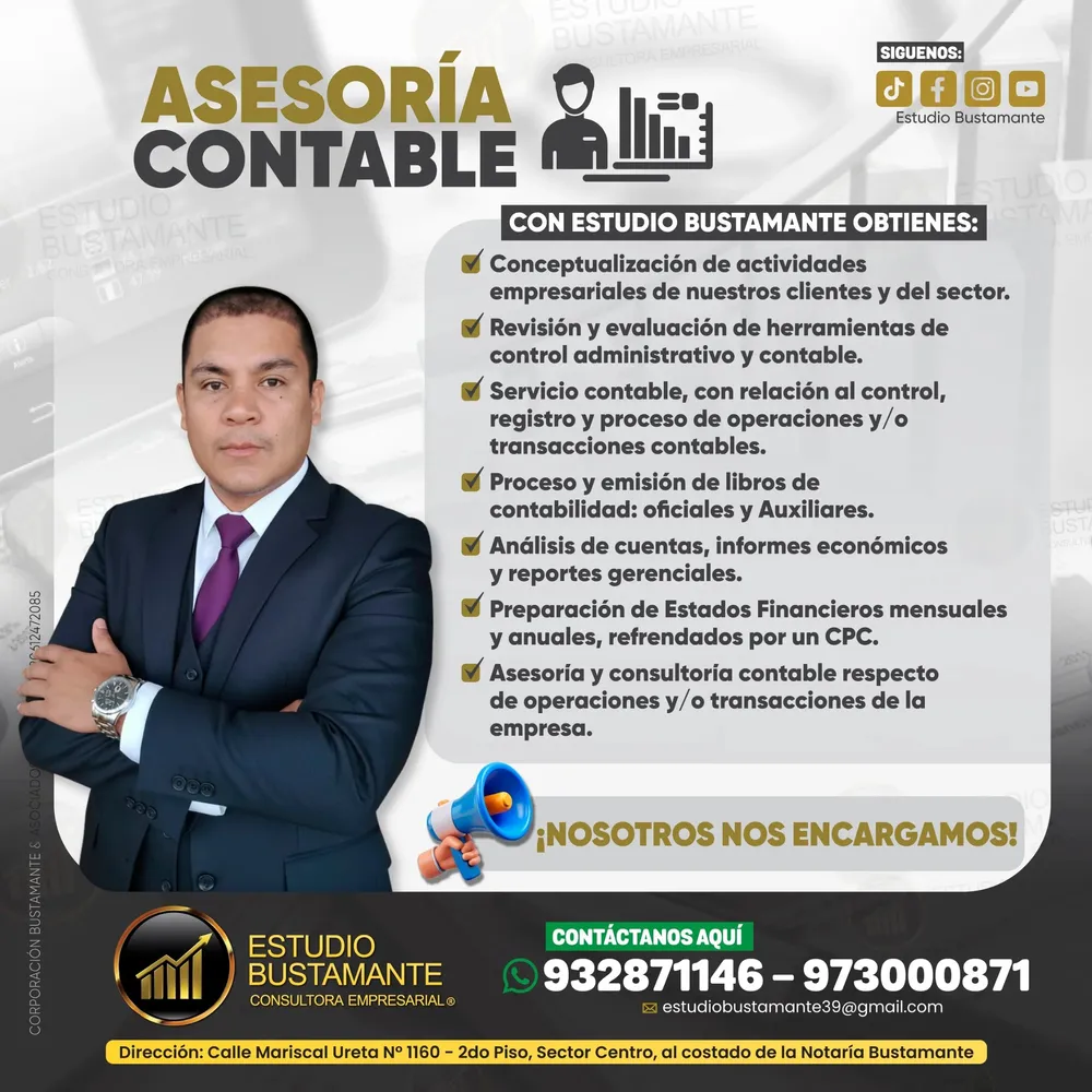 Asesoría contable: Conceptualización de las actividades empresariales del cliente y de su sector. Revisión y evaluación de herramientas de control administrativo y contable. Control, registro y proceso de las operaciones y transacciones contables. Emisión de libros de contabilidad oficiales y auxiliares. Análisis de cuentas, informes económicos y reportes gerenciales. Estados financieros mensuales y anuales, refrendados por un CPC. Asesoría y consultoría contable sobre las operaciones de la empresa.
