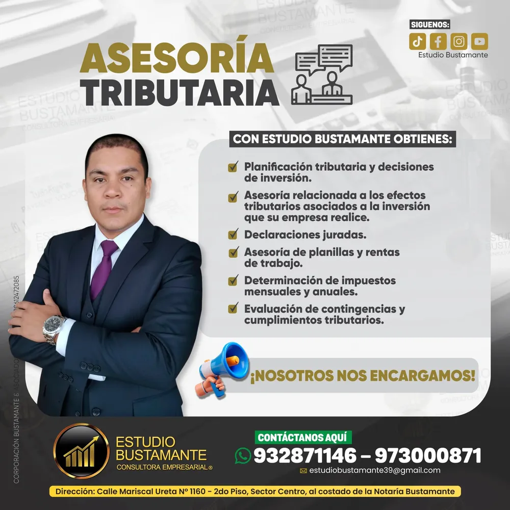 Asesoría tributaria: Planificación tributaria y apoyo en decisiones de inversión. Asesoría sobre los efectos tributarios de cada inversión de la empresa. Declaraciones juradas mensuales y anuales. Asesoría en planillas y rentas de trabajo. Determinación de impuestos mensuales y anuales. Evaluación de contingencias y del cumplimiento tributario.